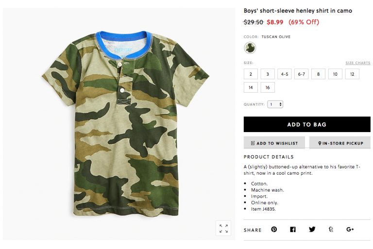 jcrew tshirt product page with th eoriginal price lined out with the sale price in bold red along with percentage saved