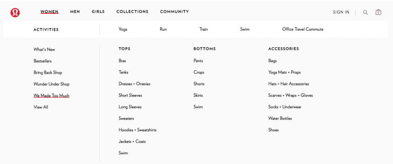 Lululemon Website We Made Too Much page, featuring products they made too much of at reduced pricing
