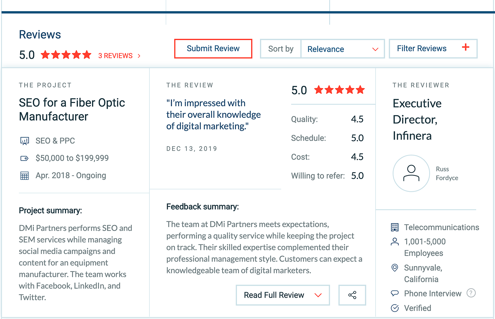 A 5 star review written on Clutch praising a project dmi partners did for SEO and SEM services, the team met expectations and kept the project an track, customers can expect a knowledgeable team of digital marketers