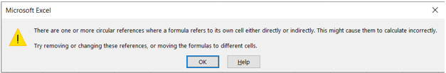 There are one or more circular references where a formula refers to its own cell either directly or indirectly. This might cause them to calculate incorrectly. Try removing or changing these references, or moving the formulas to different cells.