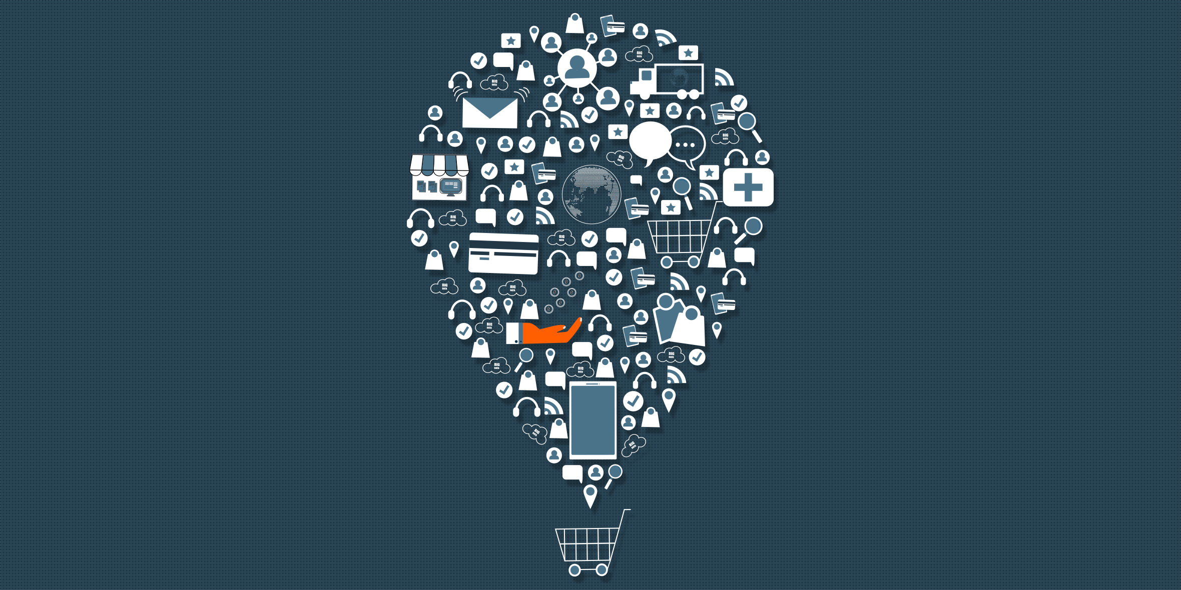 a mix of marketing media shaped into a waypoint over a shopping cart