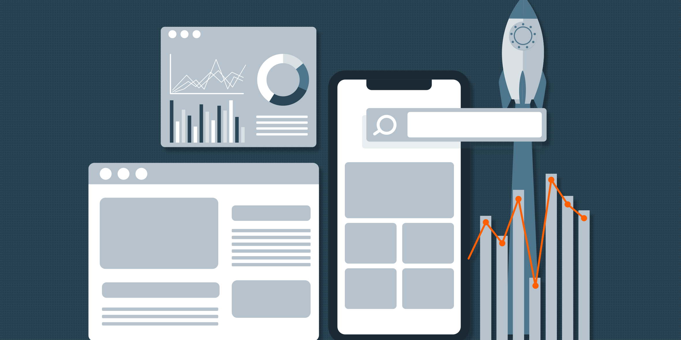 A phone with a rocket ship launching and graphs moving upwards