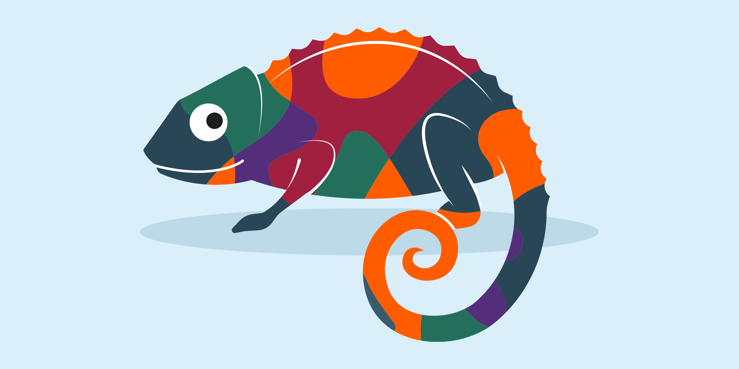 A stylized illustration of a chameleon with a curled tail, shown in side view. Its body is made up of geometric patches in bright colors—orange, teal, dark blue, maroon, green, and purple—against a pale blue background