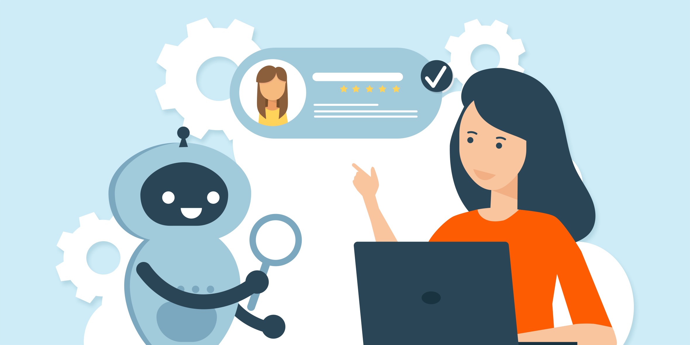 Graphic of an AI assistant analyzing customer profiles and ratings to support personalized recommendations.