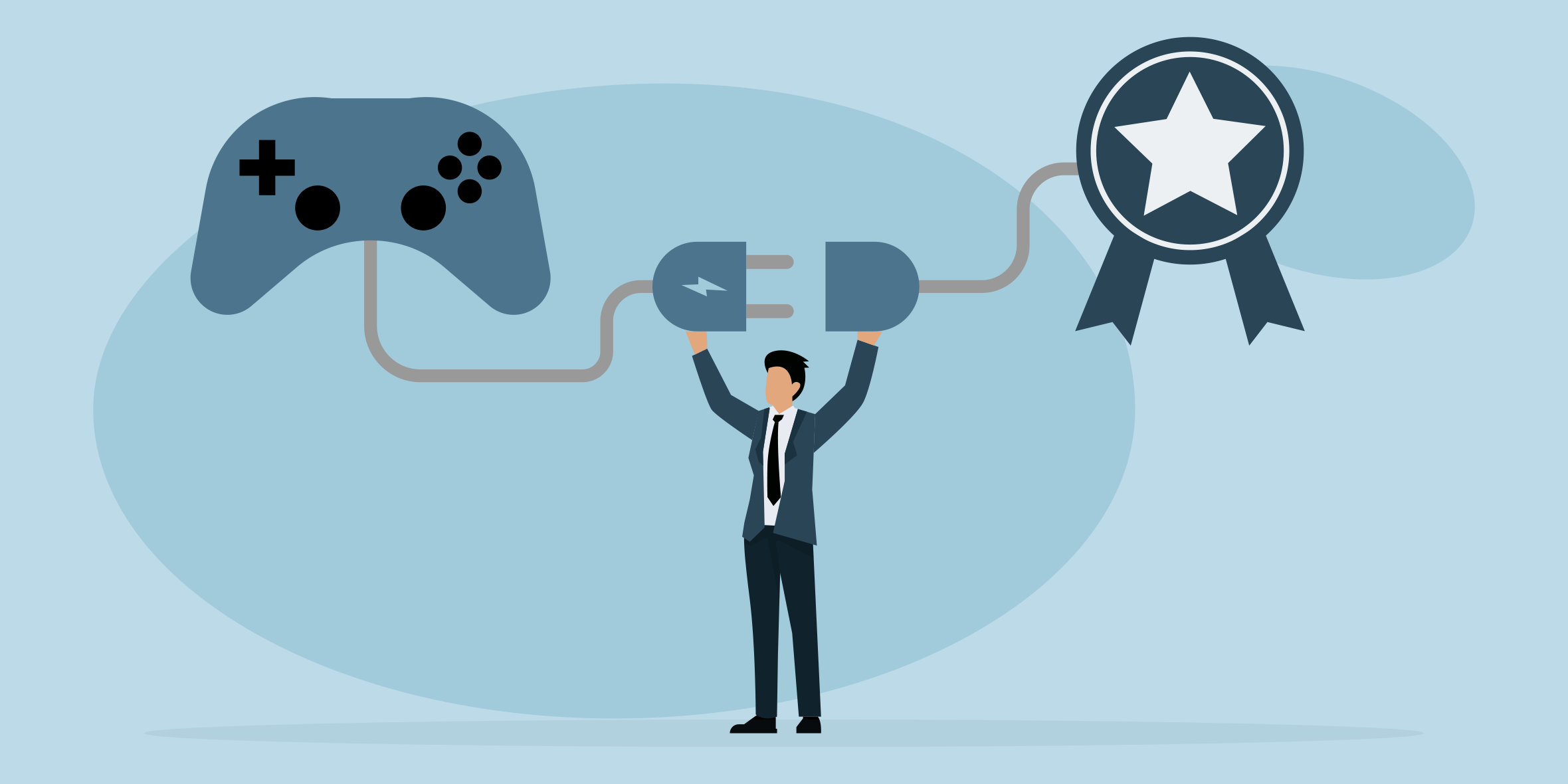 Gamification concept showing a person connecting a game controller to a reward badge, representing interactive email engagement strategies