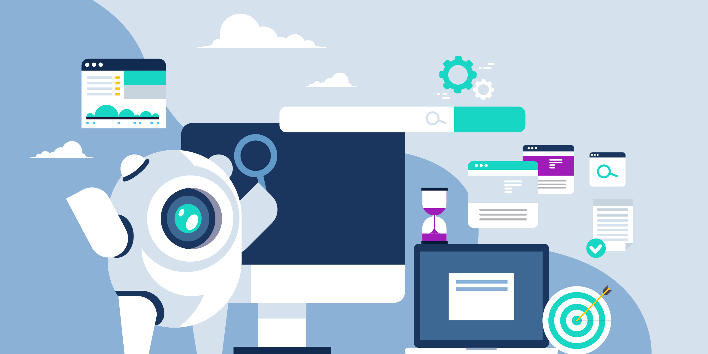 A flat-design illustration featuring a robot holding a magnifying glass alongside a desktop monitor, browser windows, gears, and a bullseye target — capturing the shift from keyword-driven search to AI-powered conversational discovery.