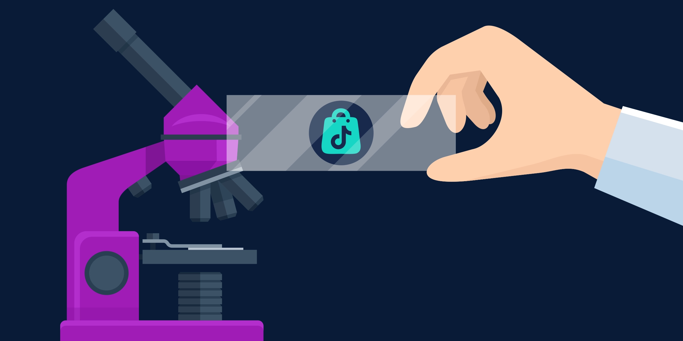 Illustration of a hand examining the TikTok Shop logo under a microscope.
