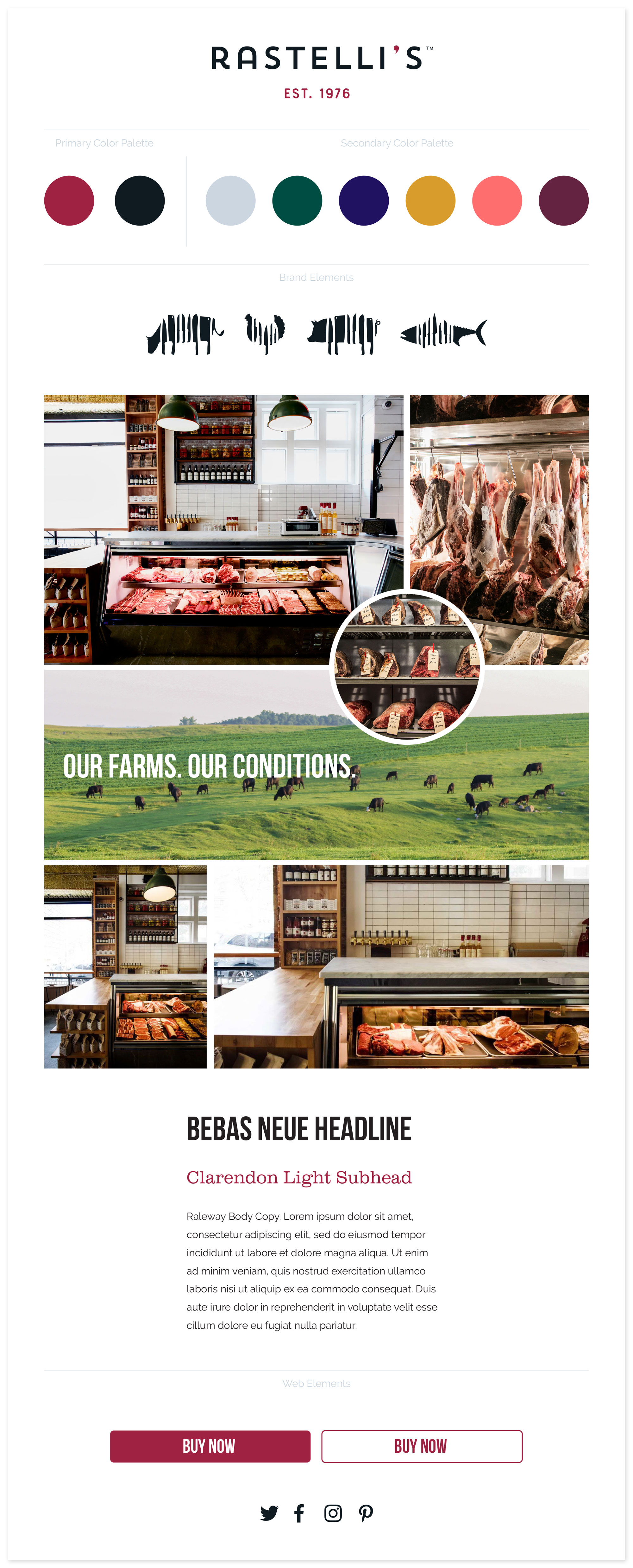 rastellis style guide, with the companies font chioces, color palette, brand elements and style options