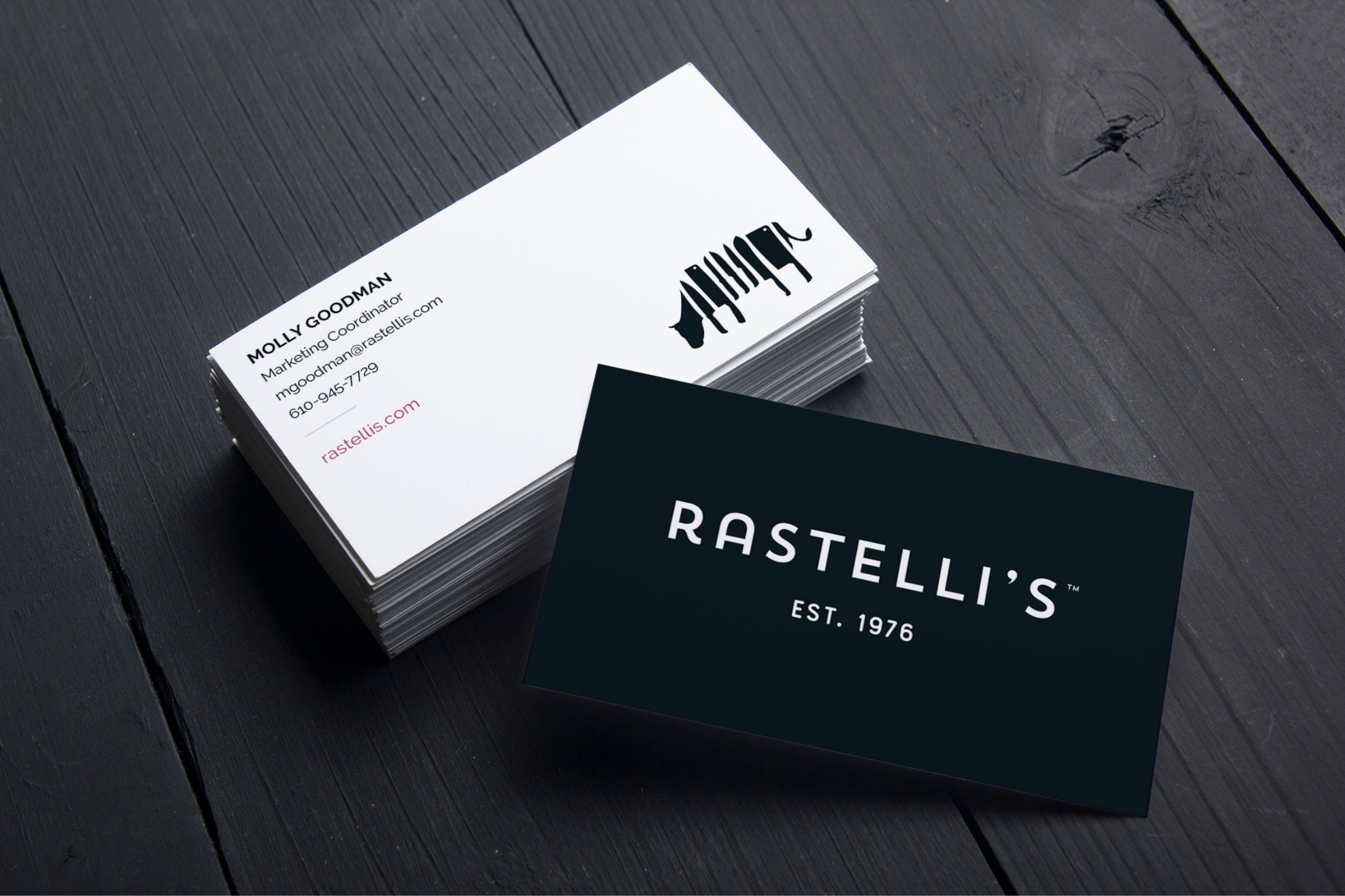 rastellis business cards featuring employees names and contact information with the rastellis logo