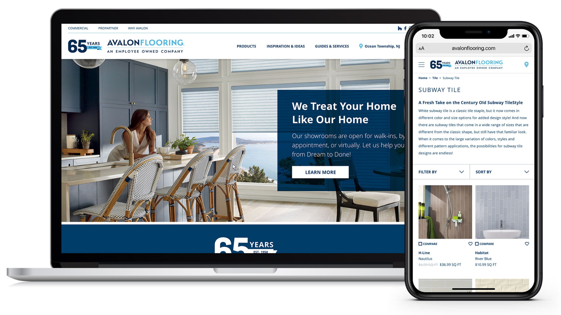 avalon flooring home page version, showing site navigation and virtual shopiing options