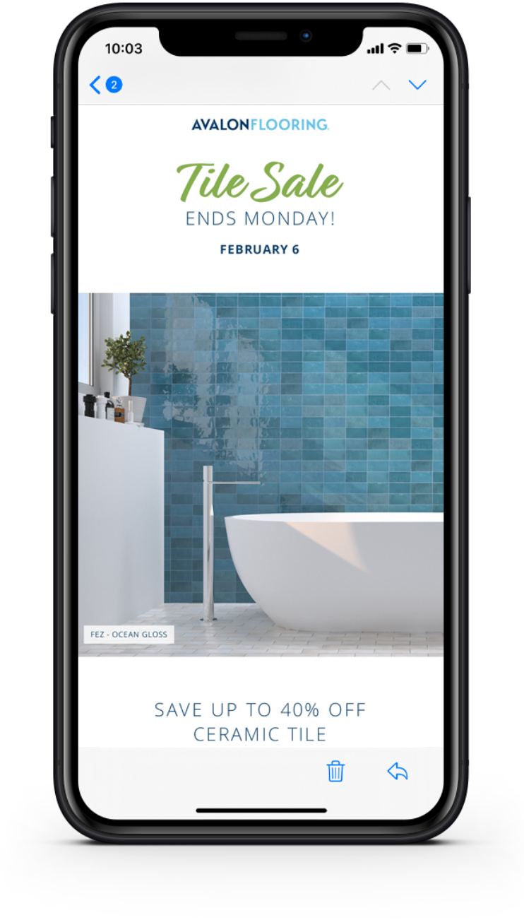 avalon flooring sale page mobile version, featuring a smary shades sales event and information