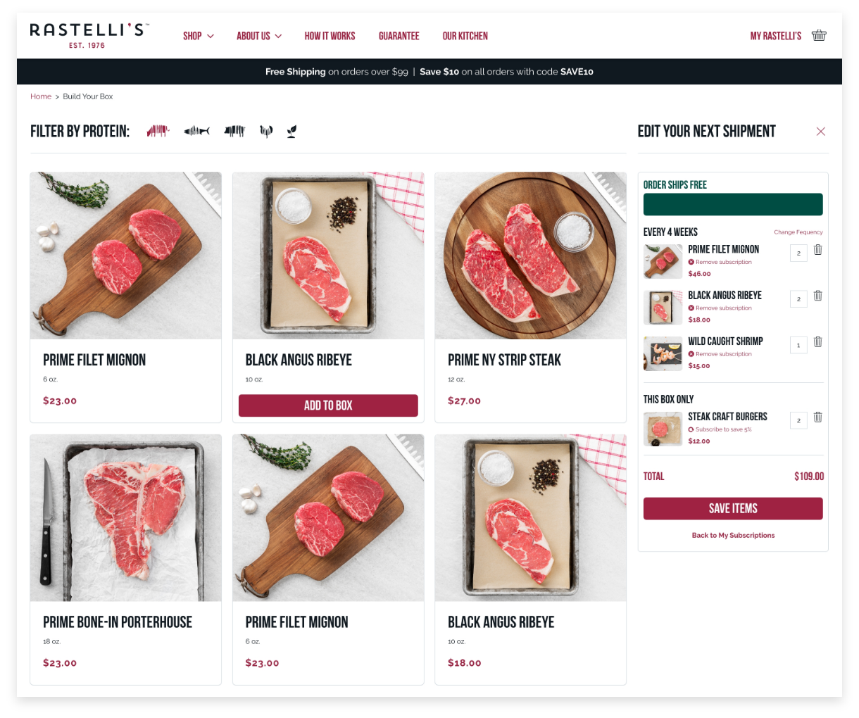 rastellis website product grids mobile version, showing product images, names and pricing