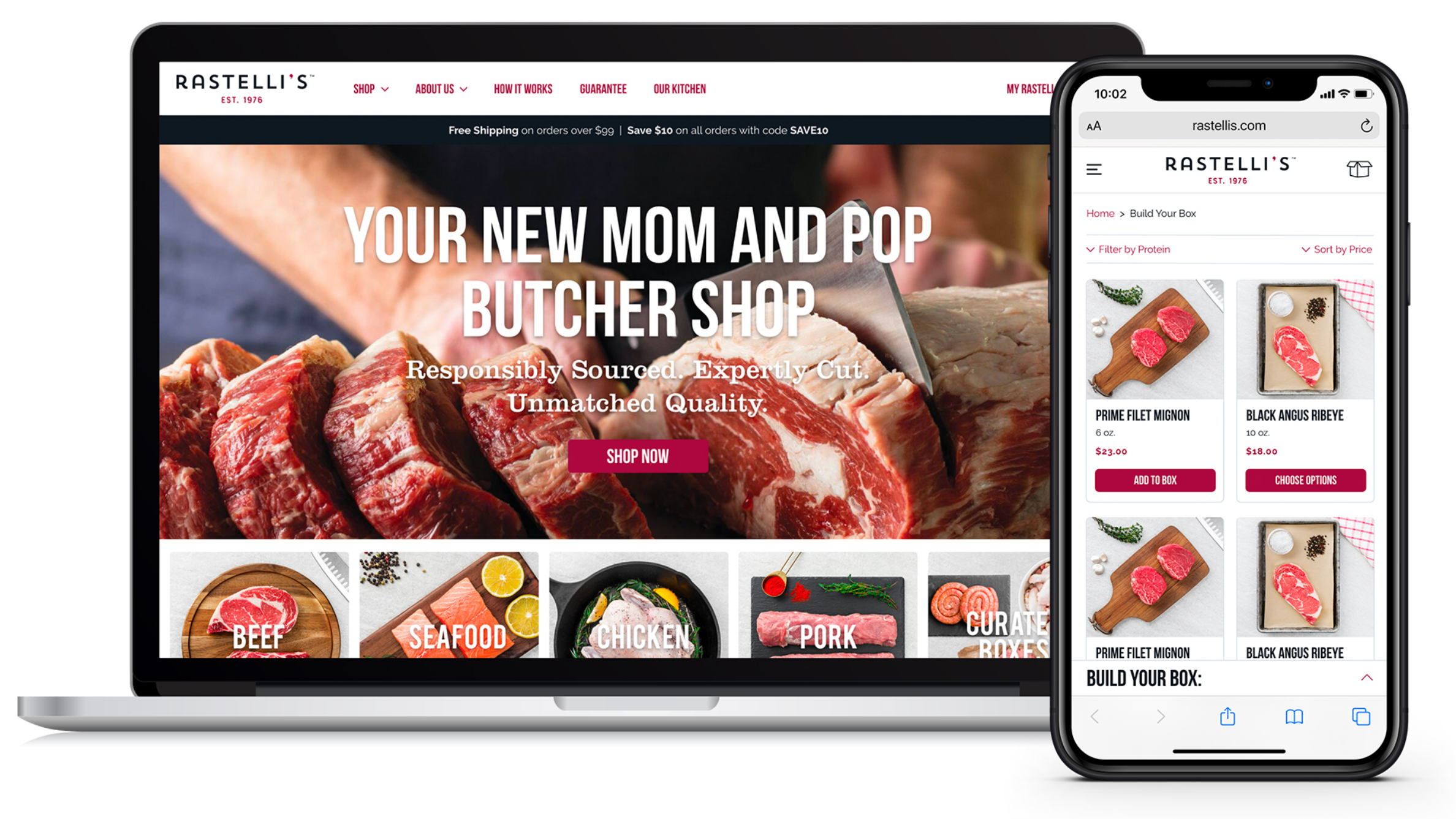 rastellis website homepage, featuring product categories and shop now options