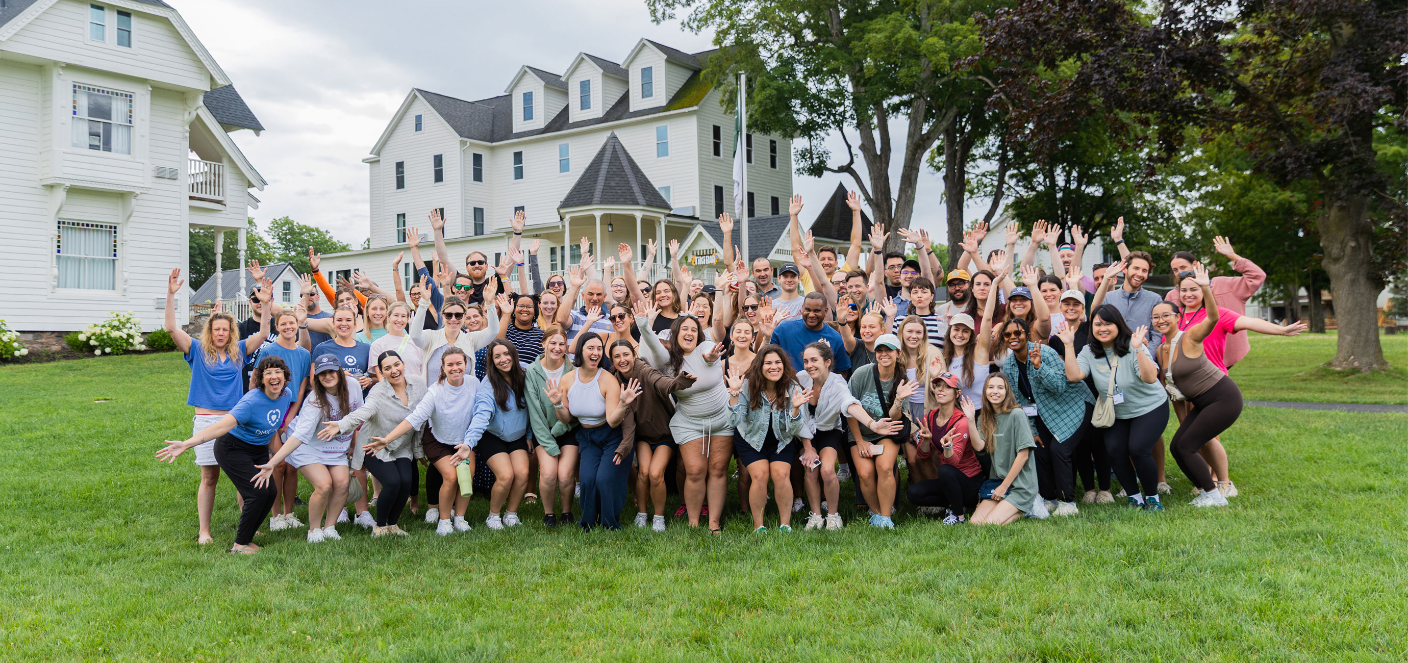 Large group of DMi Partners employees posing together on a lawn during a company social event