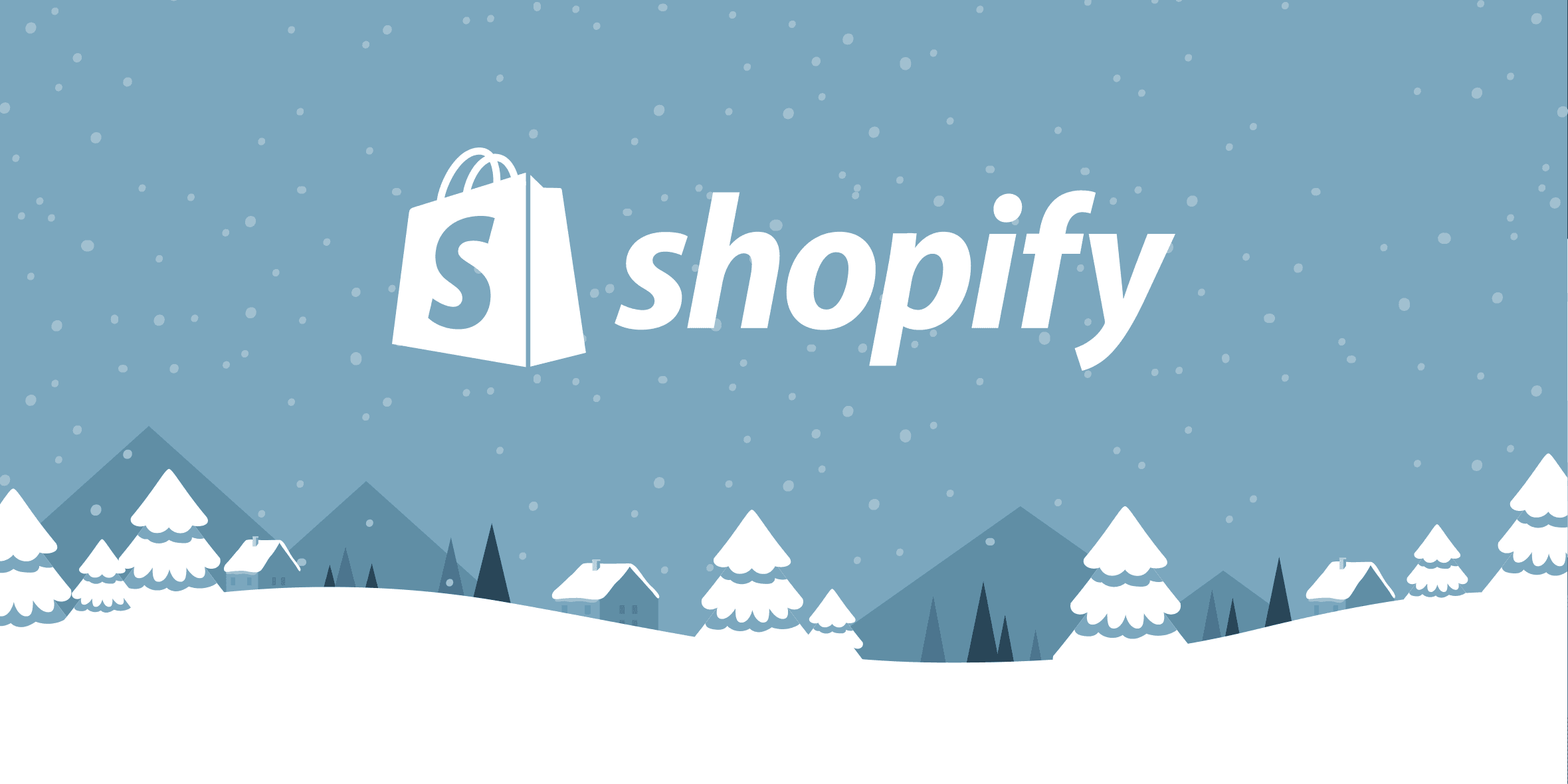 the shopify logo over a snowy winter landscape of trees and mountains