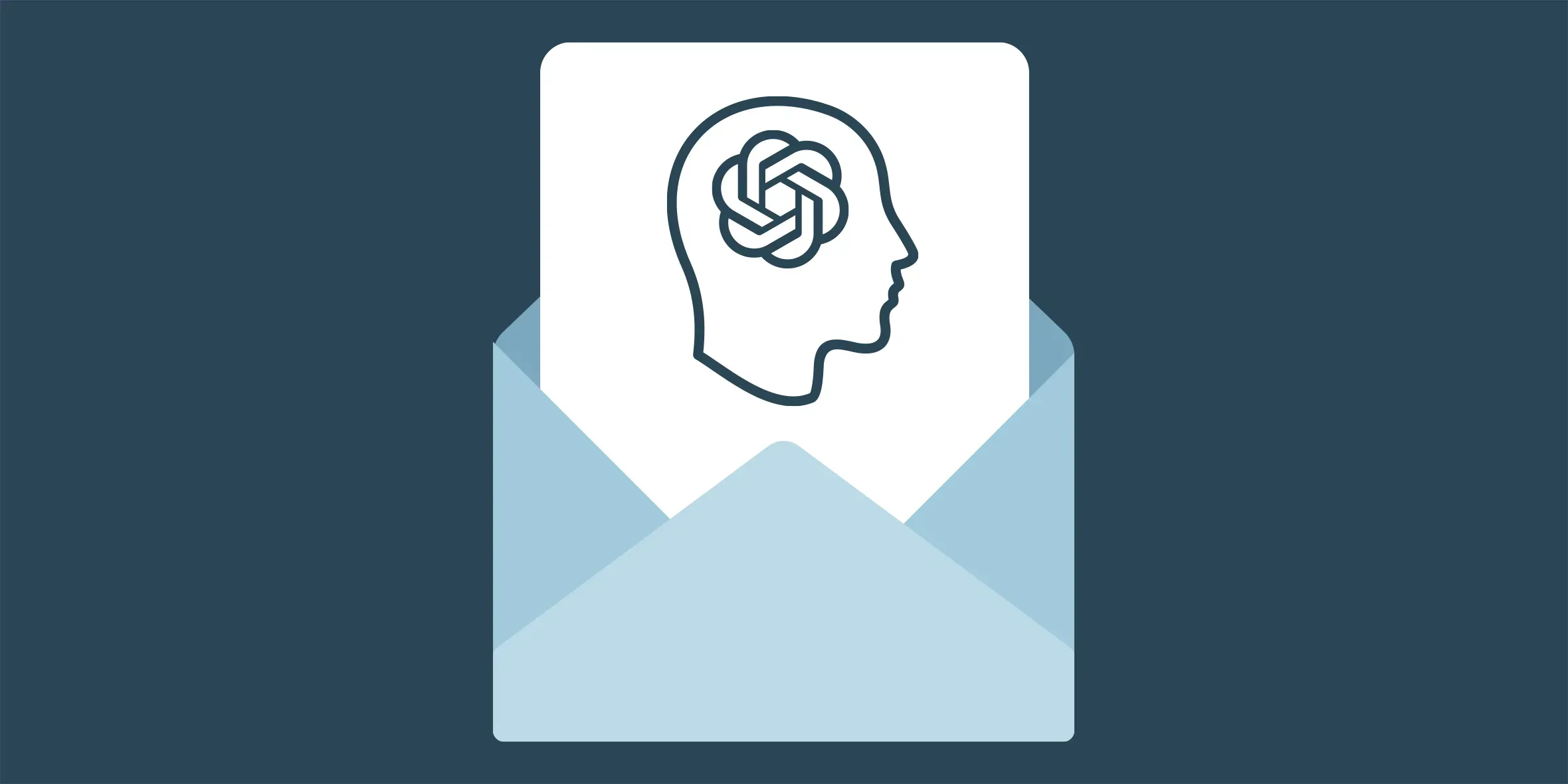 Illustration of an envelope with a human head silhouette and an abstract AI brain icon, representing AI-generated messages or communication.