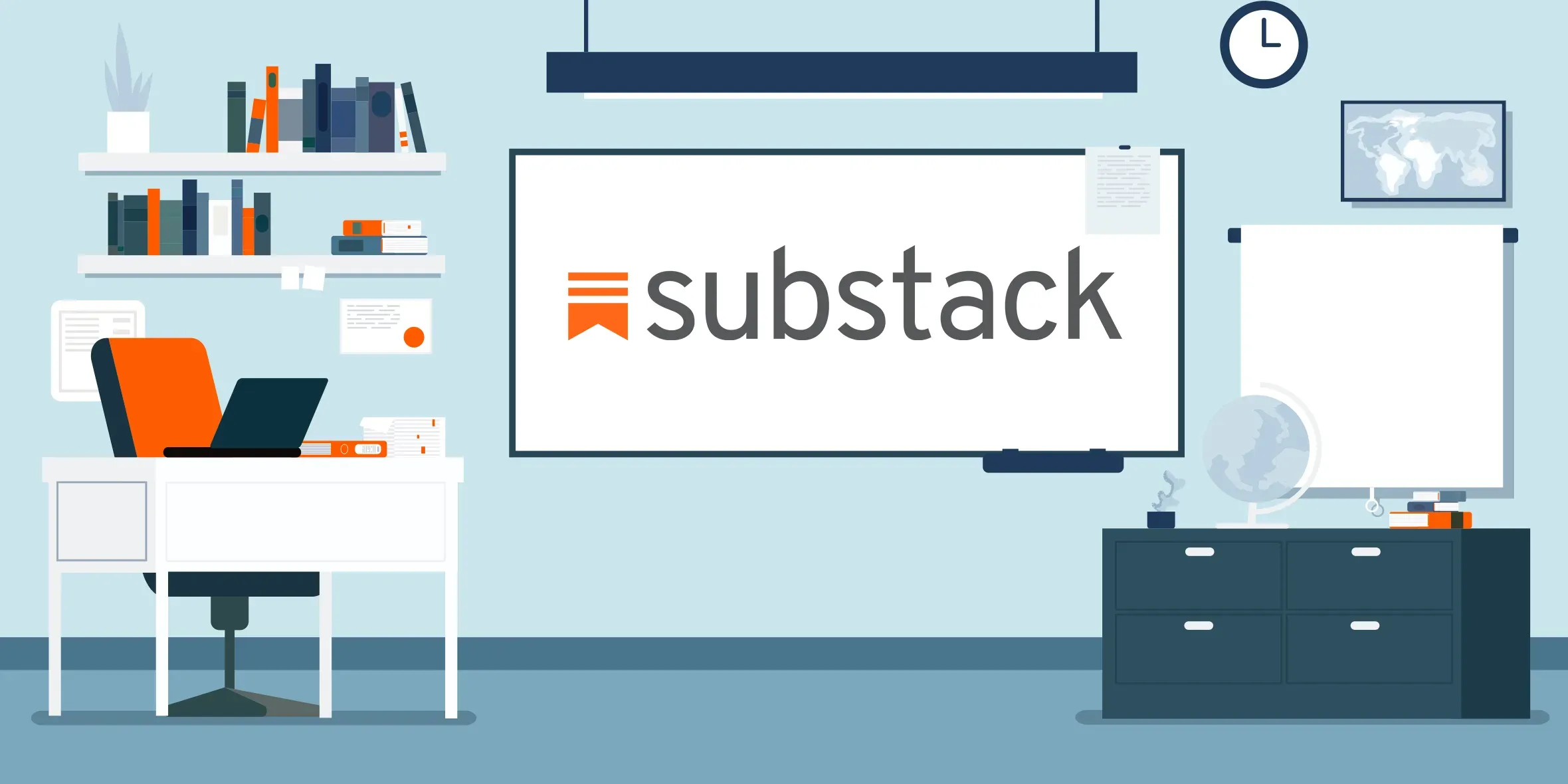 Illustration of a modern office with a desk, shelves, and a large whiteboard displaying the Substack logo. A clock, map, and office supplies are visible in the room.