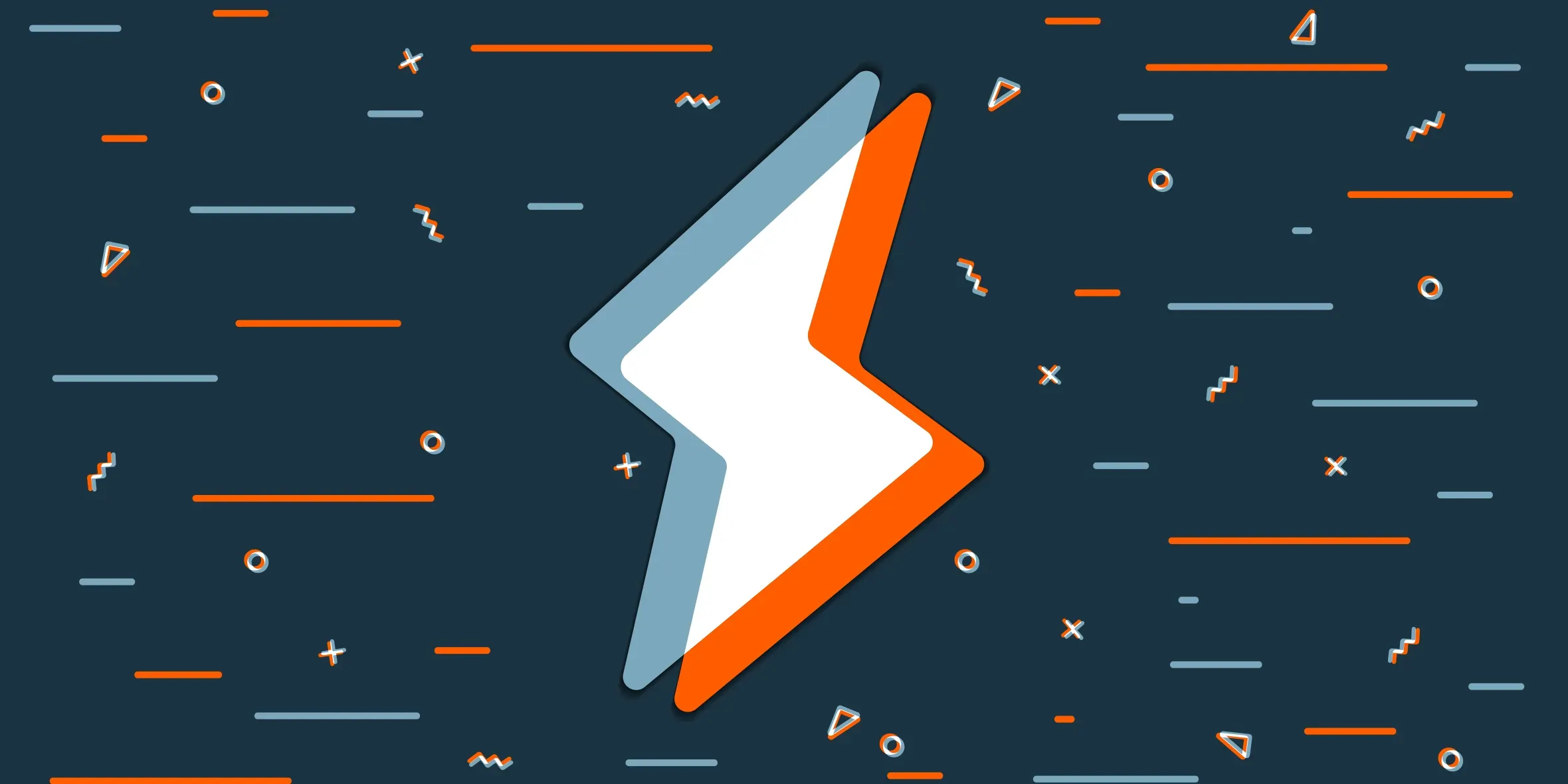 A bold, white lightning bolt icon outlined in blue and orange on a dark background with scattered geometric shapes and lines.